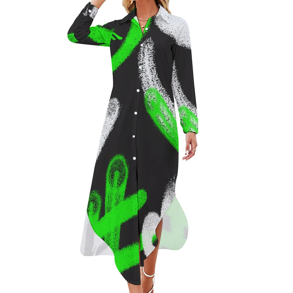 Women's Button-Front Long Sleeve Collared Dress