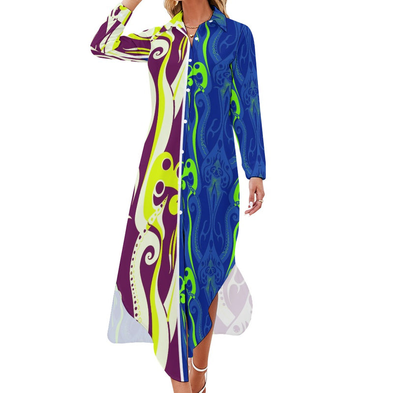 Women's Button-Front Long Sleeve Collared Dress