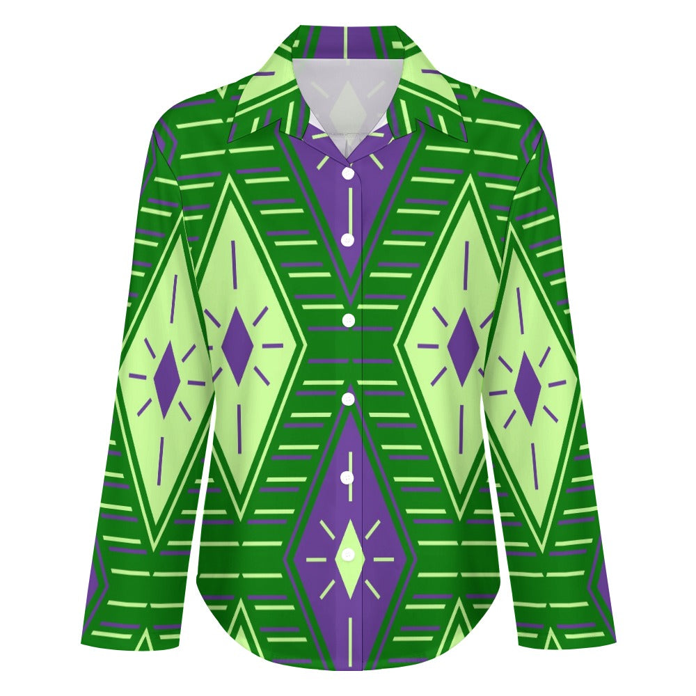 Women's Block Pop Art Long Sleeve Button-Down Hem Shirt