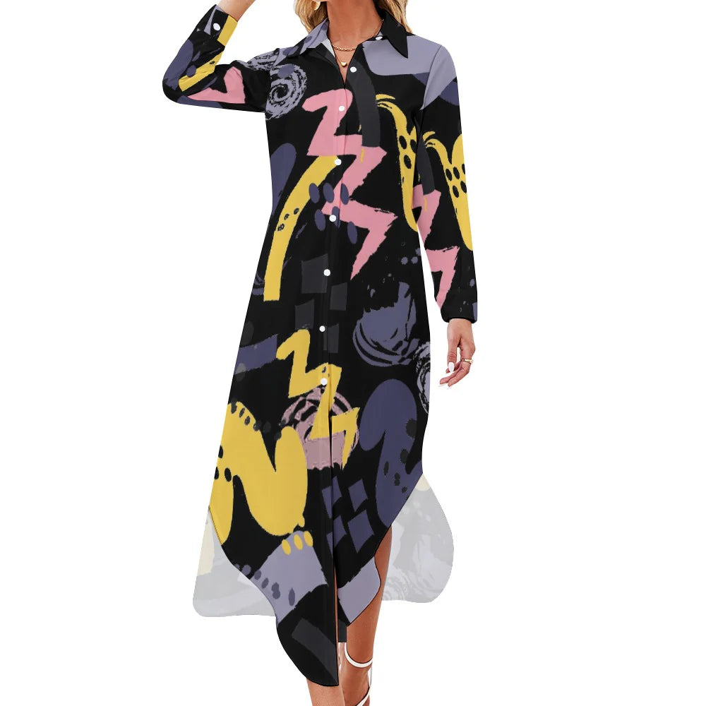 Women's Button-Front Long Sleeve Collared Dress