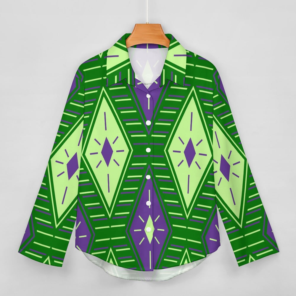 Women's Block Pop Art Long Sleeve Button-Down Hem Shirt