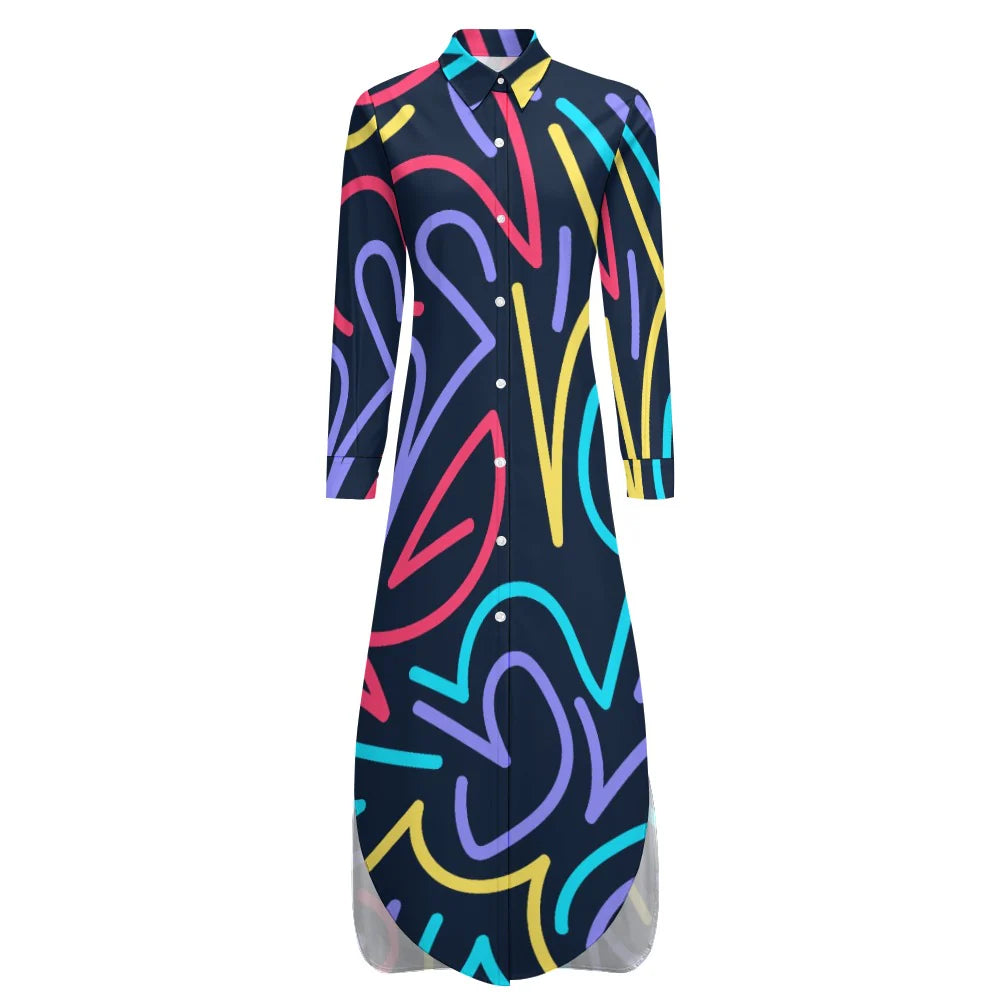 Women's Button-Front Long Sleeve Collared Dress