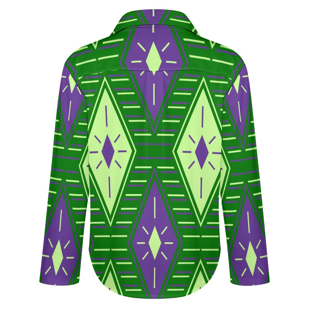 Women's Block Pop Art Long Sleeve Button-Down Hem Shirt
