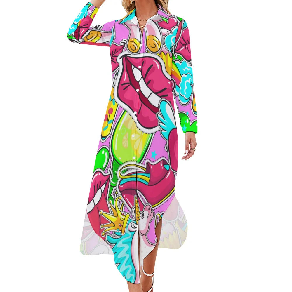 Women's Button-Front Long Sleeve Collared Dress