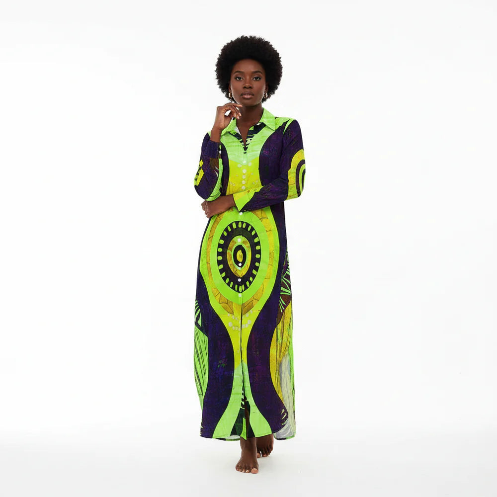 Women's Button-Front Long Sleeve Collared Dress