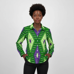 Women's Block Pop Art Long Sleeve Button-Down Hem Shirt